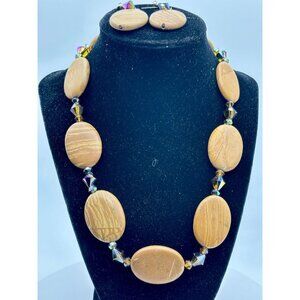 1980s Woodgrain Jasper Aurora Borealis Crystal Necklace Earrings